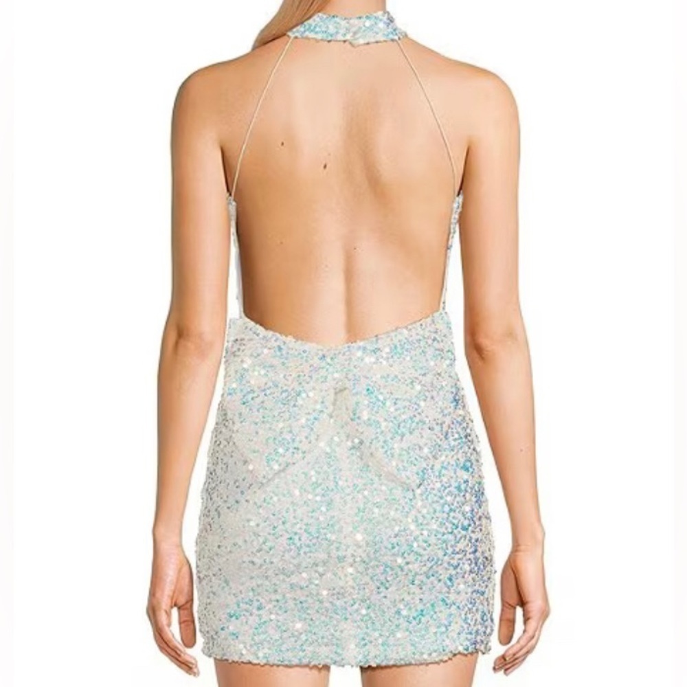 B. Darlin Halter Neck Open Back 3D Sequins Iridescent Bodycon Halter Dress NWT🪩
